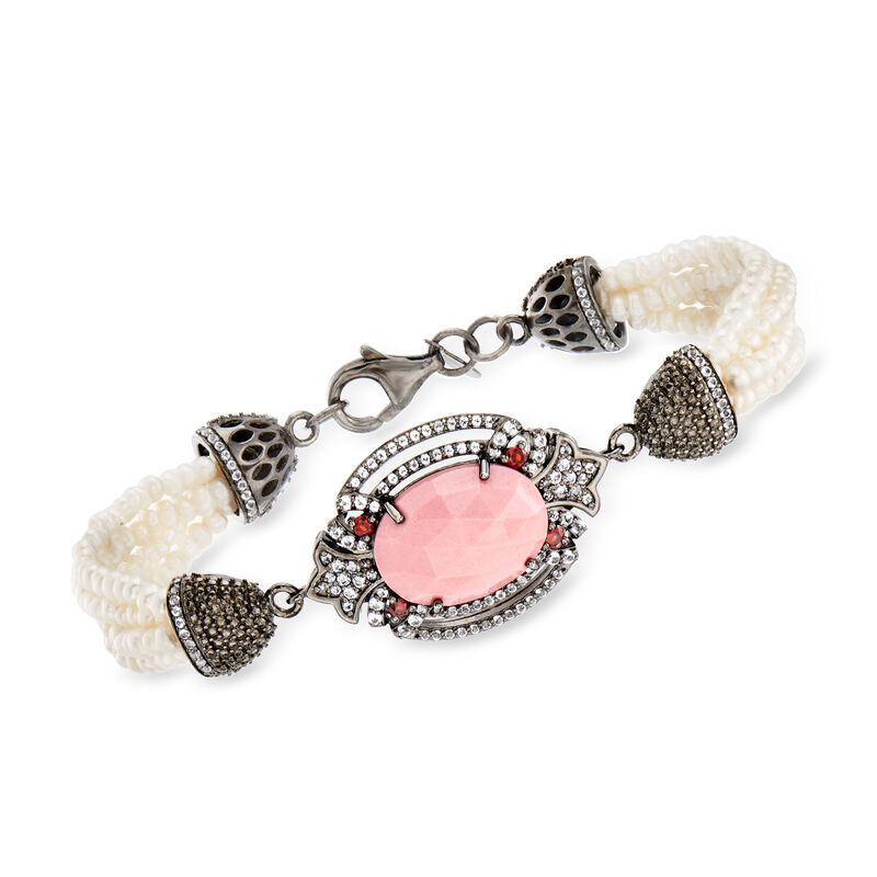 Opal, Cultured Pearl, 1.60 ct. t.w. White Topaz and .20 ct. t.w. Garnet Bracelet in Sterling Silver image number 0