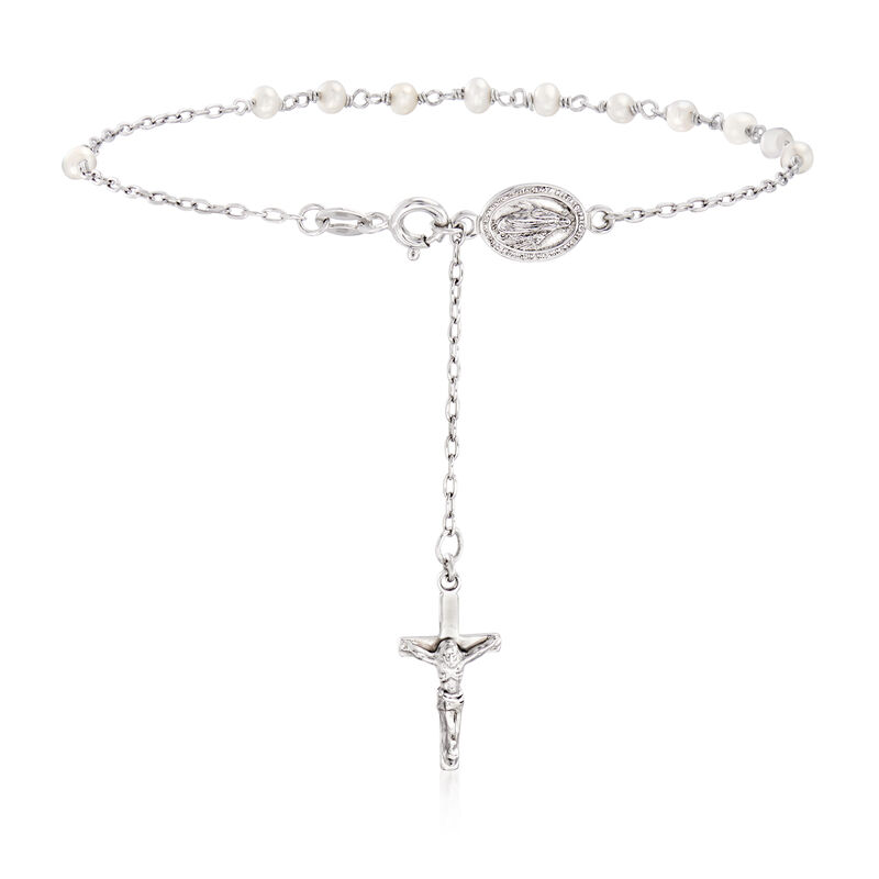 3.5-4mm Cultured Pearl Rosary Anklet in Sterling Silver image number 2