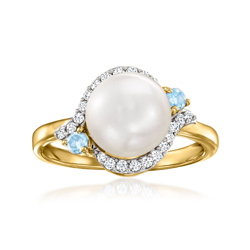 8.5-9mm Cultured Pearl, 2.30 ct. t.w. White Zircon and .10 ct. t.w. Swiss Blue Topaz Ring in 18kt Gold Over Sterling image number 0
