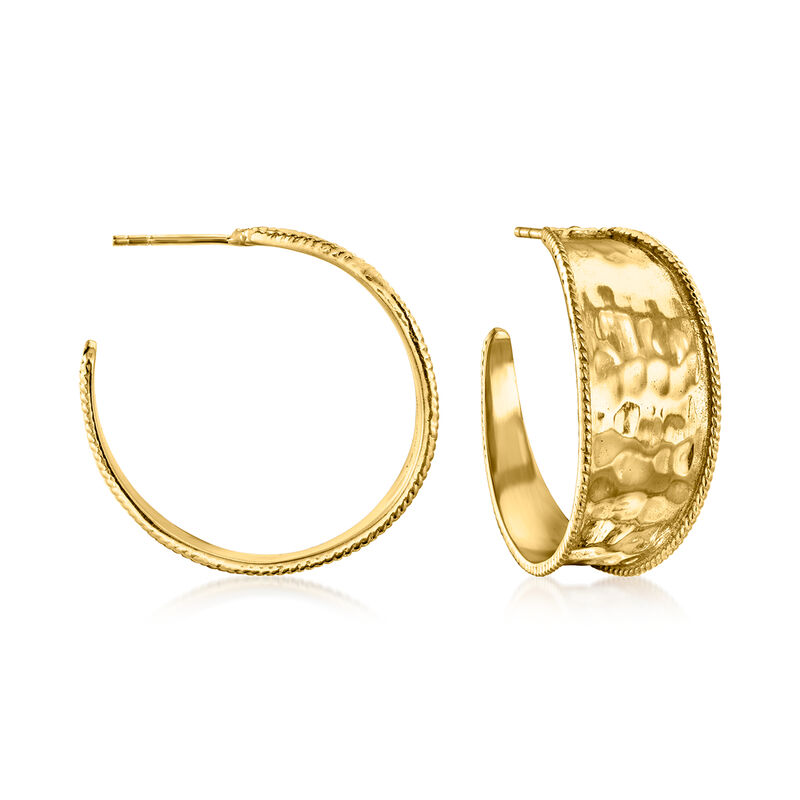 18kt Gold Over Sterling Hammered Hoop Earrings. 1 1/8&quot; image number 0