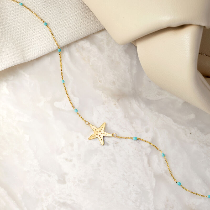 Italian 14kt Yellow Gold Starfish and Blue Enamel Station Anklet. 9&quot; image number 2