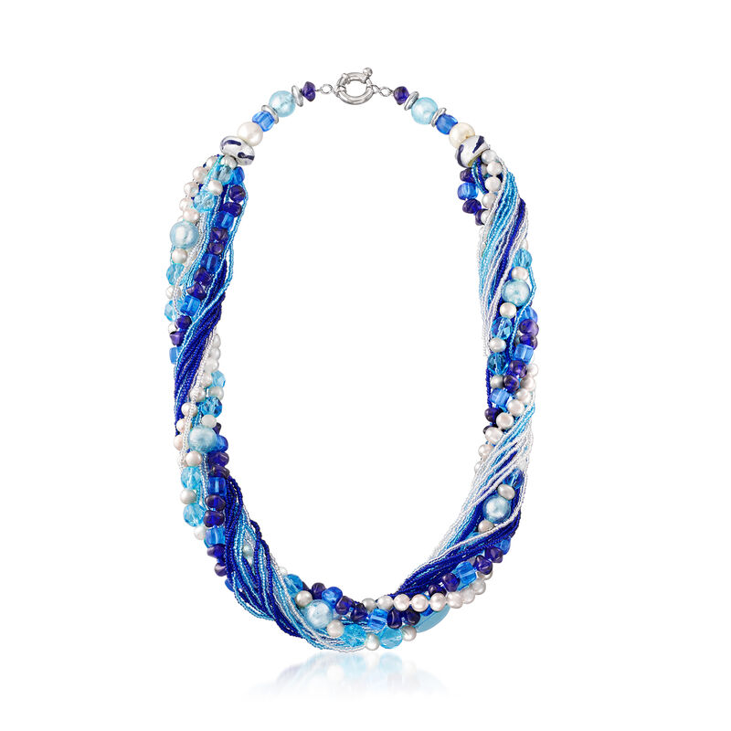 Italian Multicolored Murano Bead and 6mm & 10mm Cultured Pearl Torsade Necklace in Sterling Silver image number 2