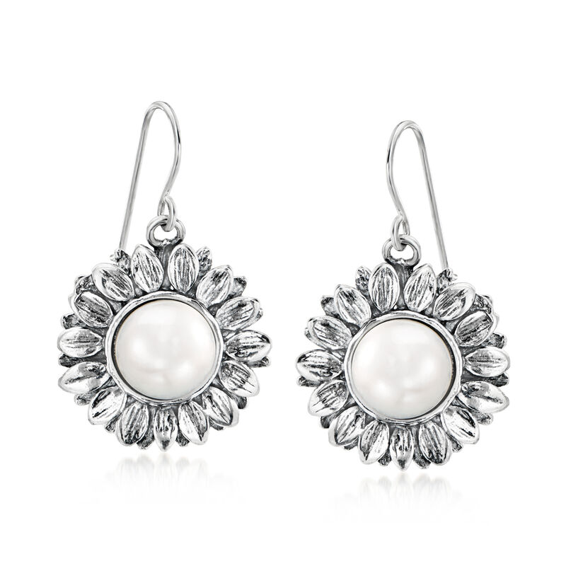 9.5-10mm Cultured Pearl Sunflower Drop Earrings in Sterling Silver  image number 0