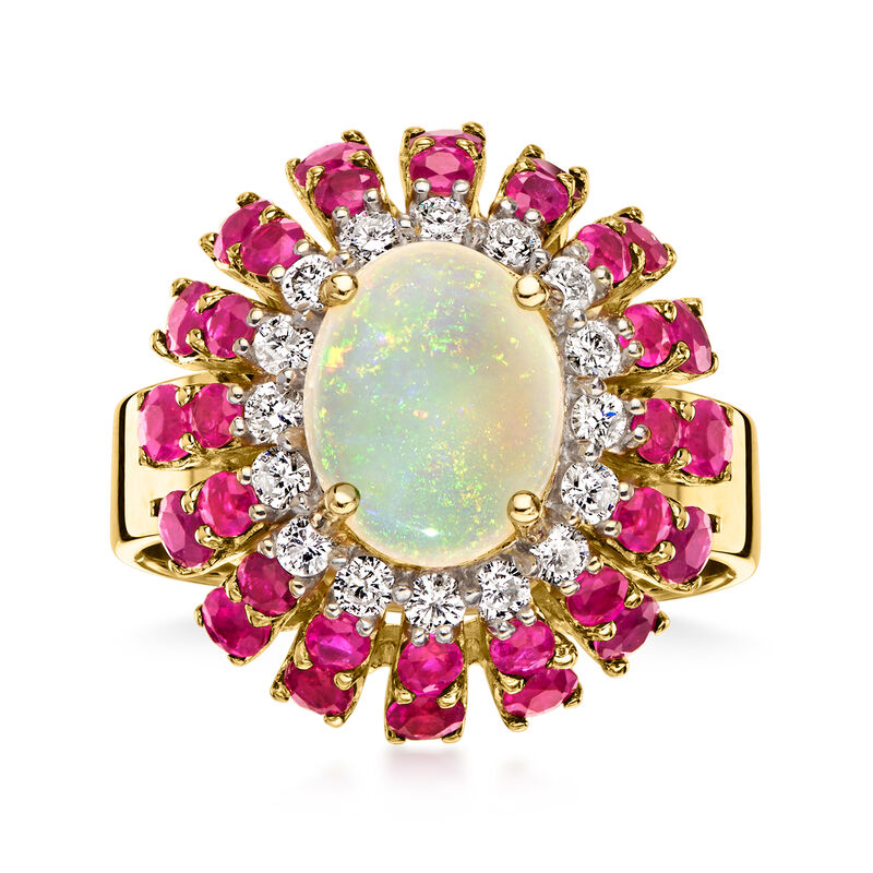 C. 1980 Vintage Opal Ring with 2.40 ct. t.w. Rubies and .50 ct. t.w. Diamonds in 14kt Yellow Gold. Size 7.25 image number 0
