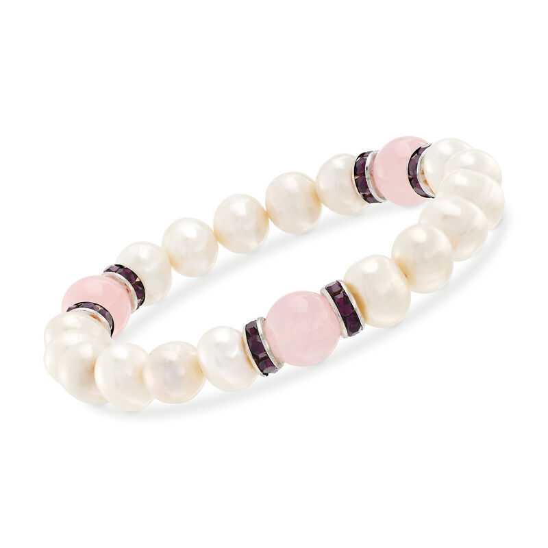 9-10mm Cultured Pearl and 20.00 ct. t.w. Rose Quartz Bead Stretch Bracelet with 4.20 ct. t.w. Purple CZs image number 0