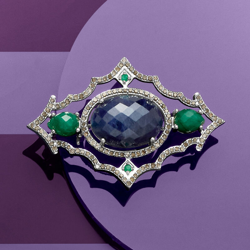 12.00 Carat Sapphire, 2.38 ct. t.w. Emerald and 1.20 ct. t.w. Champagne Diamond Pin in Sterling Silver image number 3