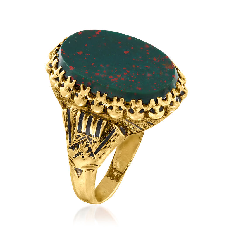C. 1950 Vintage Bloodstone Ring with Black Enamel in 9kt Yellow Gold image number 2