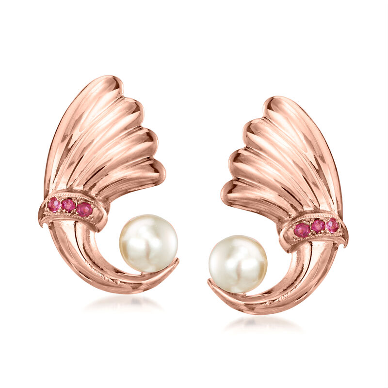 C. 1940 Vintage 5.5mm Cultured Pearl Swirl Earrings with Ruby Accents in 14kt Rose Gold image number 0