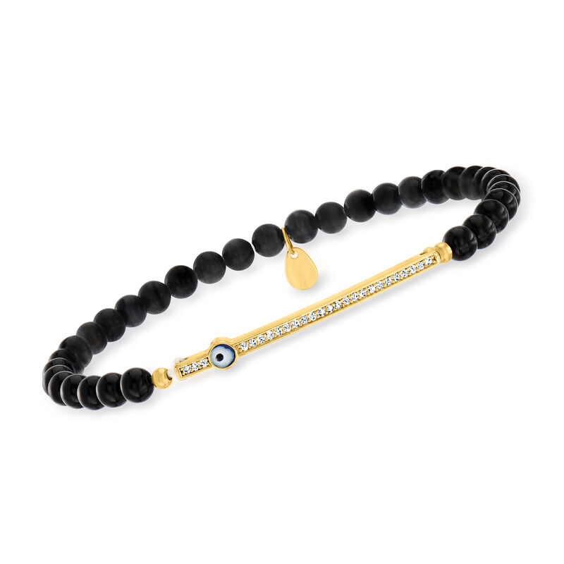 3.8-4.5mm Black Onyx Bead and .10 ct. t.w. CZ Evil Eye Stretch Bracelet in 18kt Gold Over Sterling image number 0
