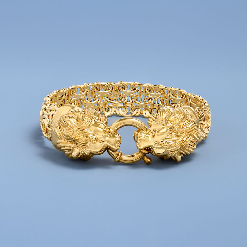 Italian 14kt Yellow Gold Double Lion Head Byzantine Bracelet image number 4