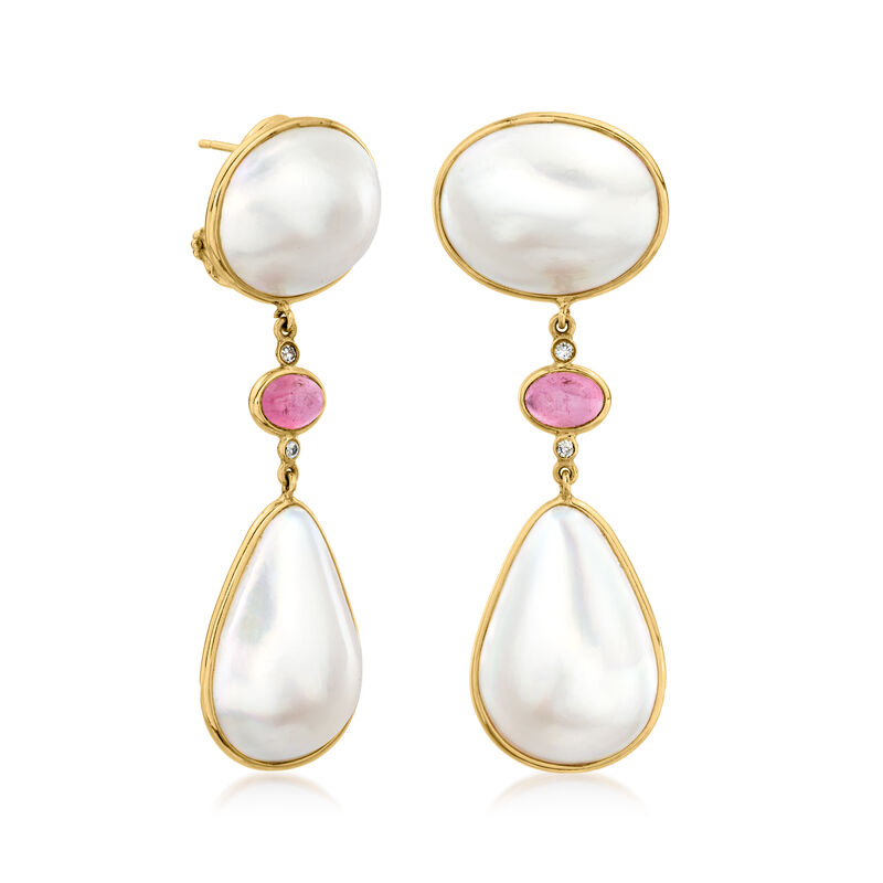 C. 1980 Vintage Cultured Mabe Pearl and Pink Tourmaline Drop Earrings in 14kt Yellow Gold image number 2