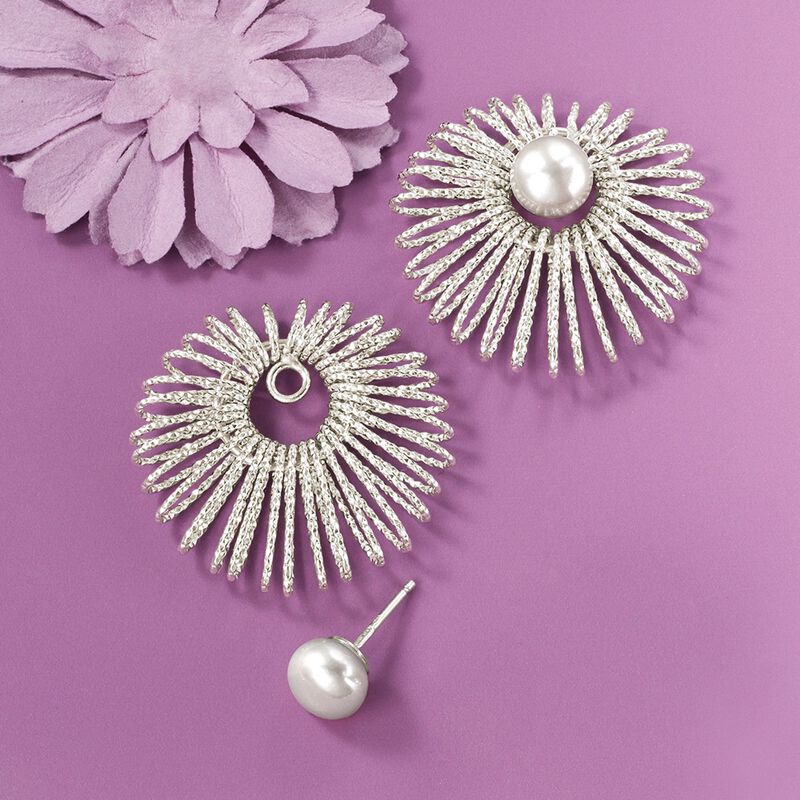 Italian Sterling Silver Jewelry Set: 8-8.5mm Cultured Pearl Earrings and Starburst Earring Jackets image number 5
