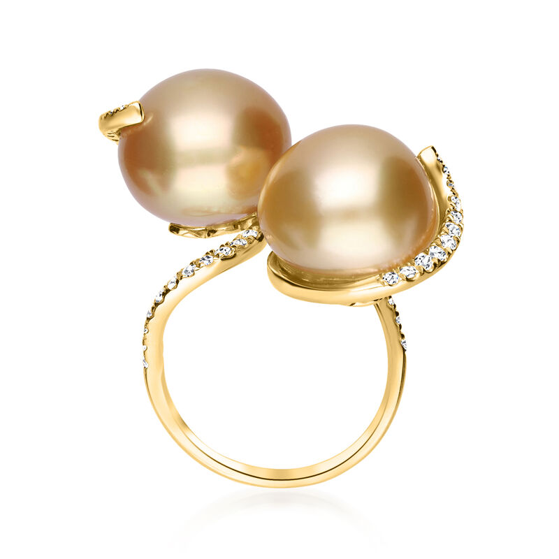 11-12mm Golden Cultured South Sea Pearl Bypass Ring with .48 ct. t.w. Diamonds in 14kt Yellow Gold image number 2