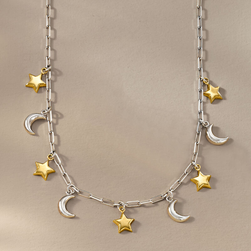 Sterling Silver and 18kt Gold Over Sterling Celestial Paper Clip Link Necklace image number 2