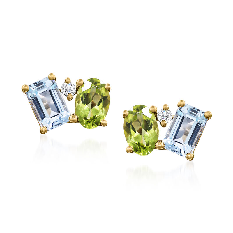 1.30 ct. t.w. Emerald-Cut Swiss Blue Topaz and .90 ct. t.w. Oval Peridot Toi et Moi Earrings with Diamonds in 14kt Yellow Gold  image number 0