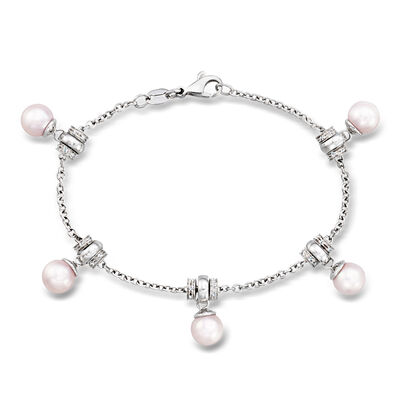 C. 1990 Vintage 7mm Cultured Pearl and .60 ct. t.w. Diamond Station Bracelet in 18kt White Gold