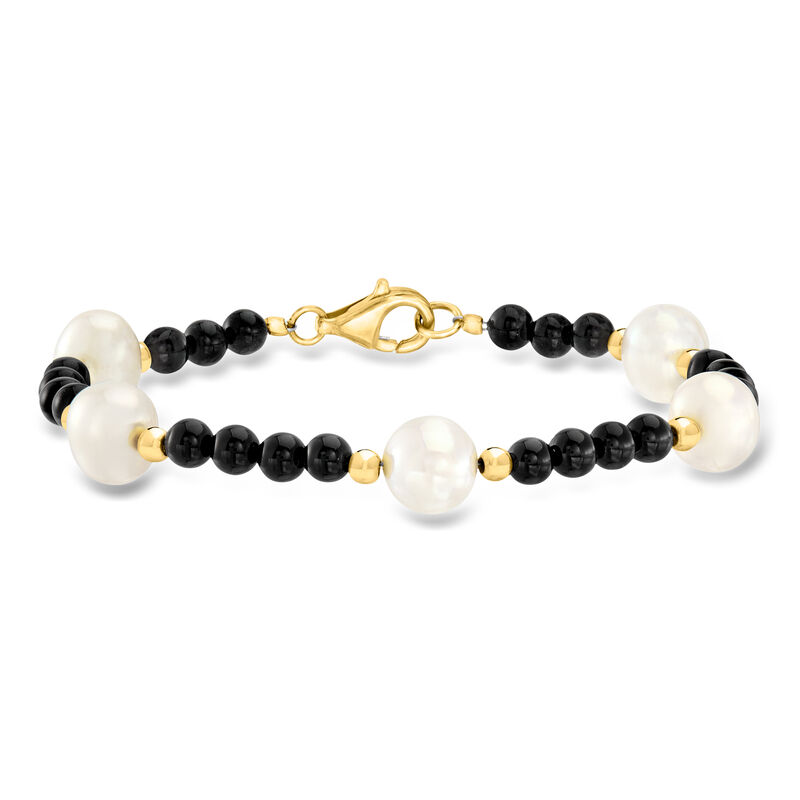 8-8.5mm Cultured Pearl and 4-4.5mm Onyx Bead Bracelet in 18kt Gold Over Sterling image number 0