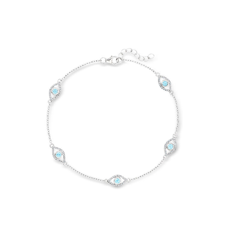 1.90 ct. t.w. Swiss Blue and White Topaz Evil Eye Station Anklet in Sterling Silver. 9" image number 0