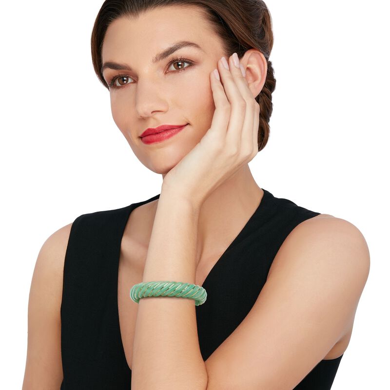 Carved Jade Bangle Bracelet with 14kt Yellow Gold image number 1