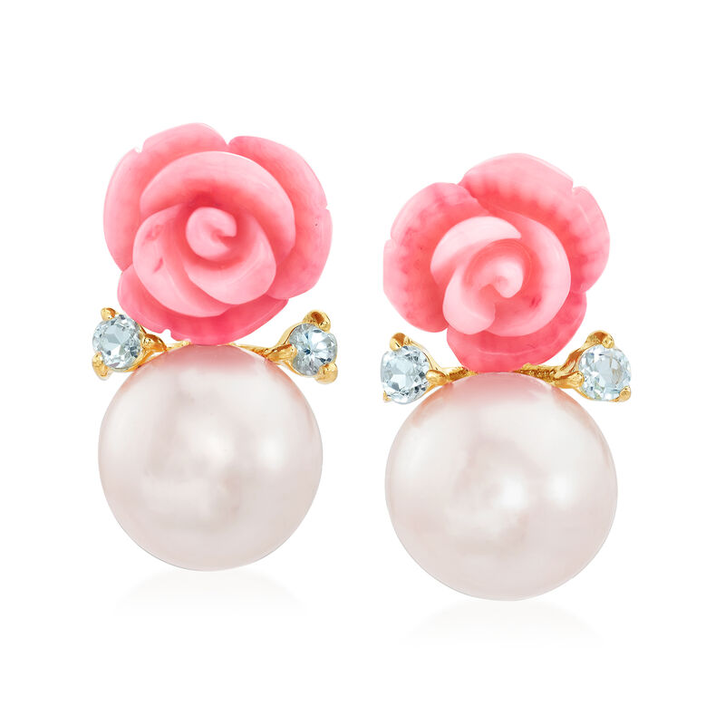 12-12.5mm Cultured Pearl, Pink Coral and .50 ct. t.w. Blue Topaz Rose Drop Earrings in 14kt Gold Over Sterling image number 0