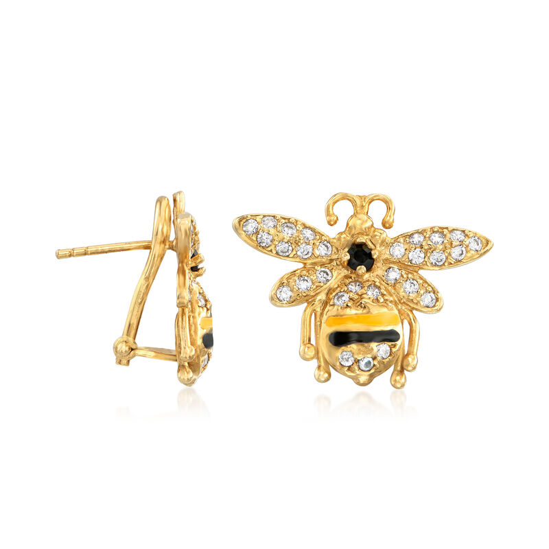 Italian .95 ct. t.w. CZ and Black and Yellow Enamel Bee Earrings in 18kt Gold Over Sterling image number 2