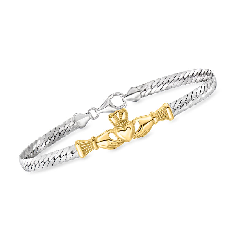 Sterling Silver and 18kt Gold Over Sterling Claddagh Cuban-Link Bracelet image number 0