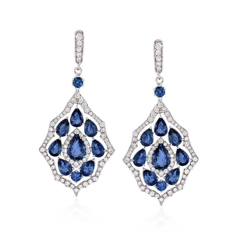 10.40 ct. t.w. Sapphire and 1.90 ct. t.w. Diamond Drop Earrings in 18kt White Gold image number 0