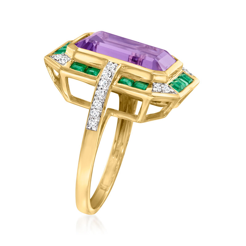 7.00 Carat Amethyst, .80 ct. t.w. Emerald and .20 ct. t.w. Diamond Ring in 14kt Yellow Gold image number 2