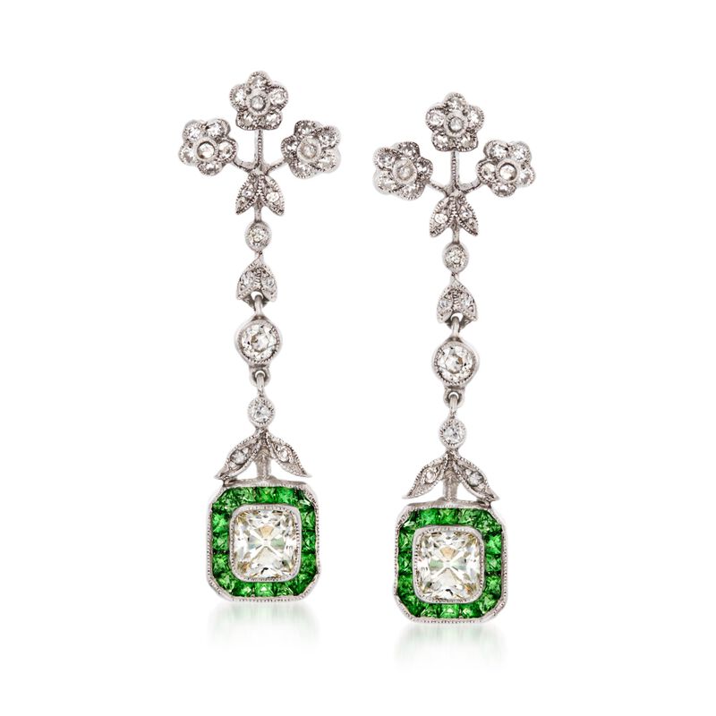 C. 1990 Vintage 1.00 ct. t.w. Tsavorite and 1.90 ct. t.w. Diamond Drop Earrings in 18kt White Gold image number 0
