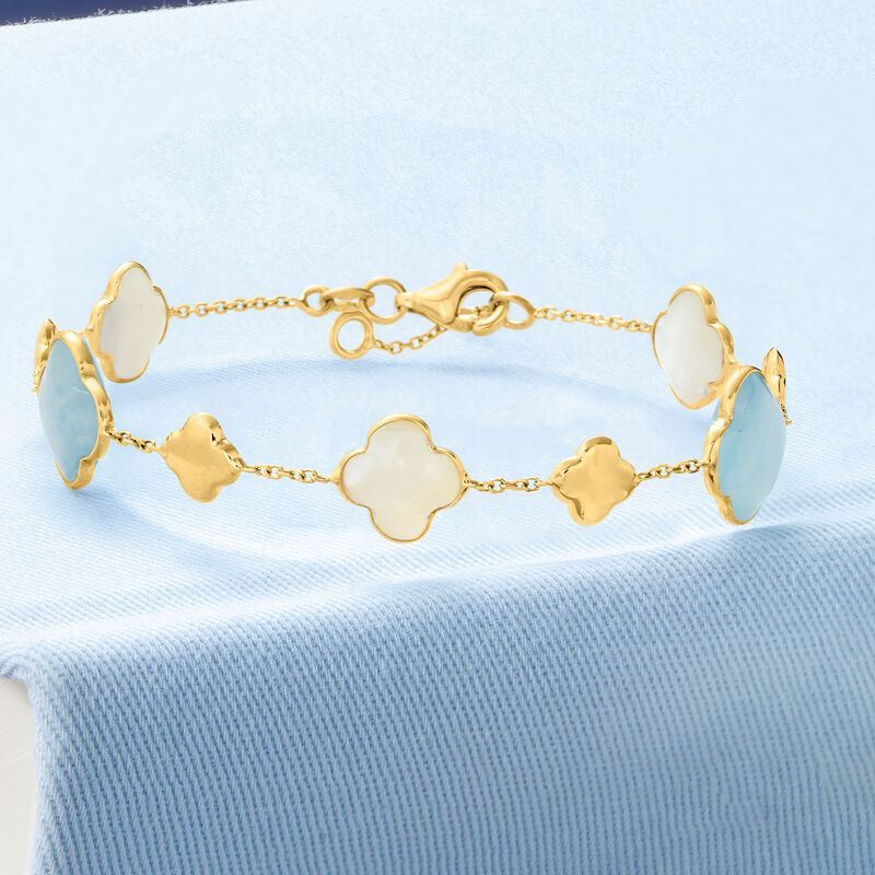 Italian 9mm Mother-Of-Pearl and 5.00 ct. t.w. Aquamarine Clover Station Bracelet in 14kt Yellow Gold image number 3