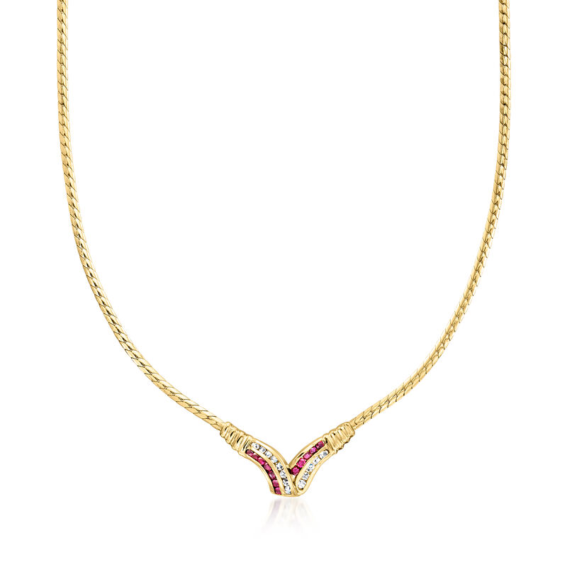 C. 1980 Vintage .60 ct. t.w. Ruby and .40 ct. t.w. Diamond V-Necklace in 14kt Yellow Gold image number 0