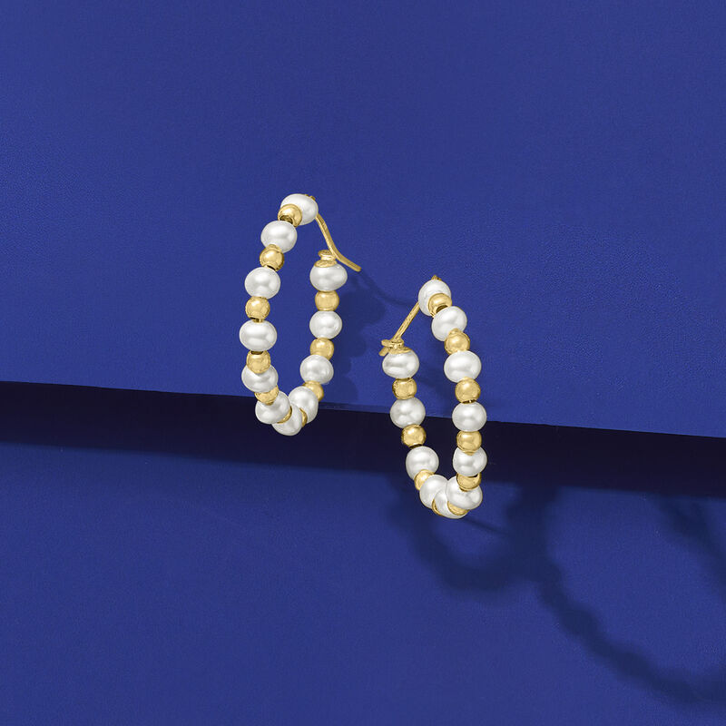 3-4mm Cultured Pearl Hoop Earrings in 14kt Yellow Gold. 3/4&quot; image number 3