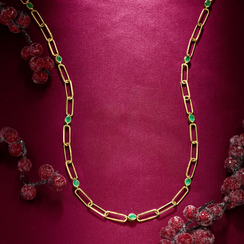 1.60 ct. t.w. Emerald Reversible Paper Clip Link Necklace with Green Enamel in 18kt Gold Over Sterling. 18&quot; image number 3