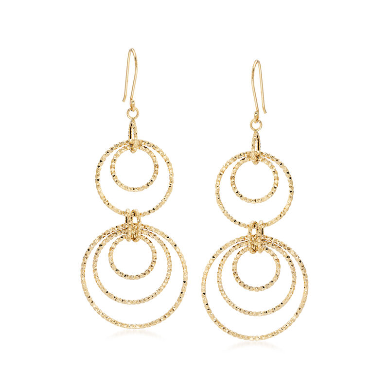 14kt Yellow Gold Textured and Polished Multi-Circle Drop Earrings image number 0