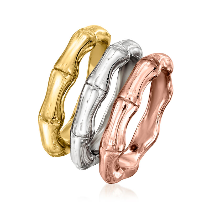 Italian Tri-Colored Sterling Silver Jewelry Set: Three Bamboo-Style Rings image number 2