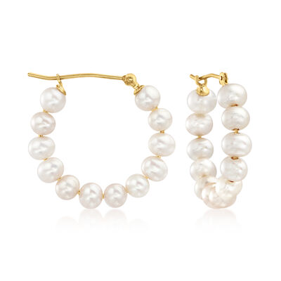 4-5mm Cultured Pearl Hoop Earrings in 14kt Yellow Gold