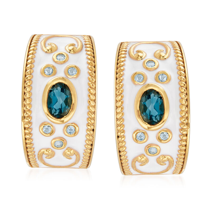 1.10 ct. t.w. London and Swiss Blue Topaz Earrings with White Enamel in 18kt Gold Over Sterling image number 0