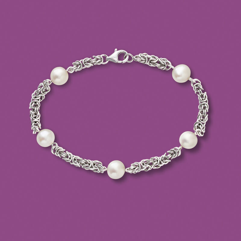 7mm Cultured Pearl Byzantine Station Bracelet in Sterling Silver image number 2