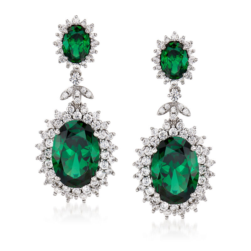 9.50 ct. t.w. Simulated Emeralds and 2.00 ct. t.w. CZ Drop Earrings in Sterling Silver image number 0