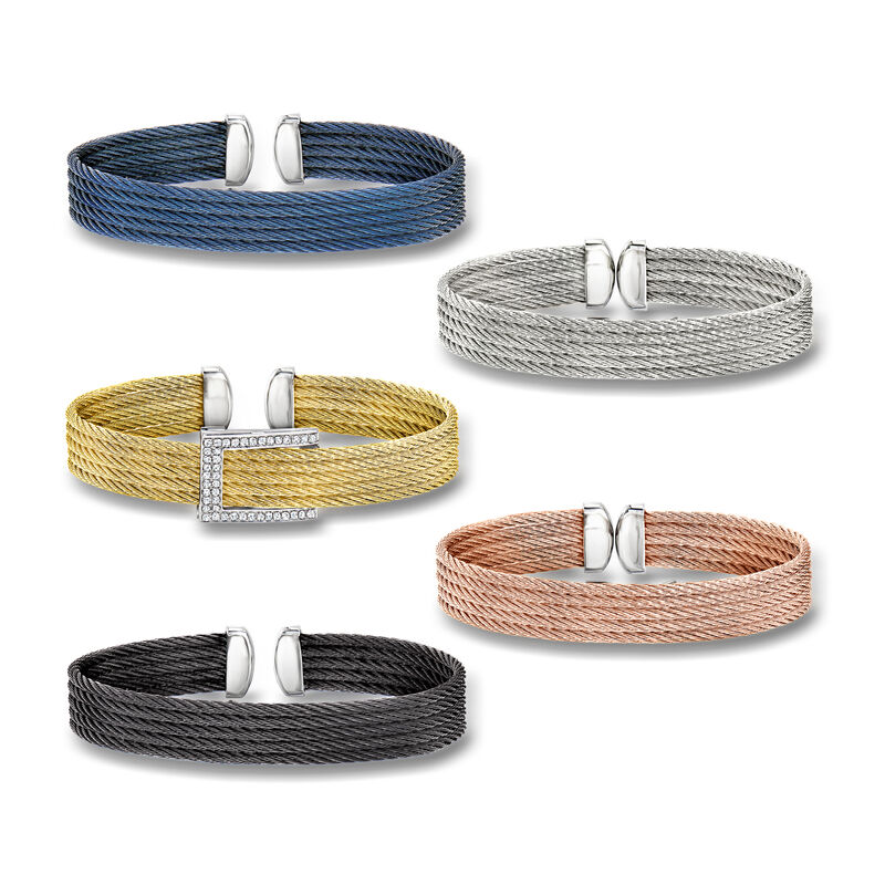 ALOR Jewelry Set: Five Stainless Steel Cable Cuff Bracelets with .25 ct. t.w. Diamonds in 18kt White Gold. 7" image number 0