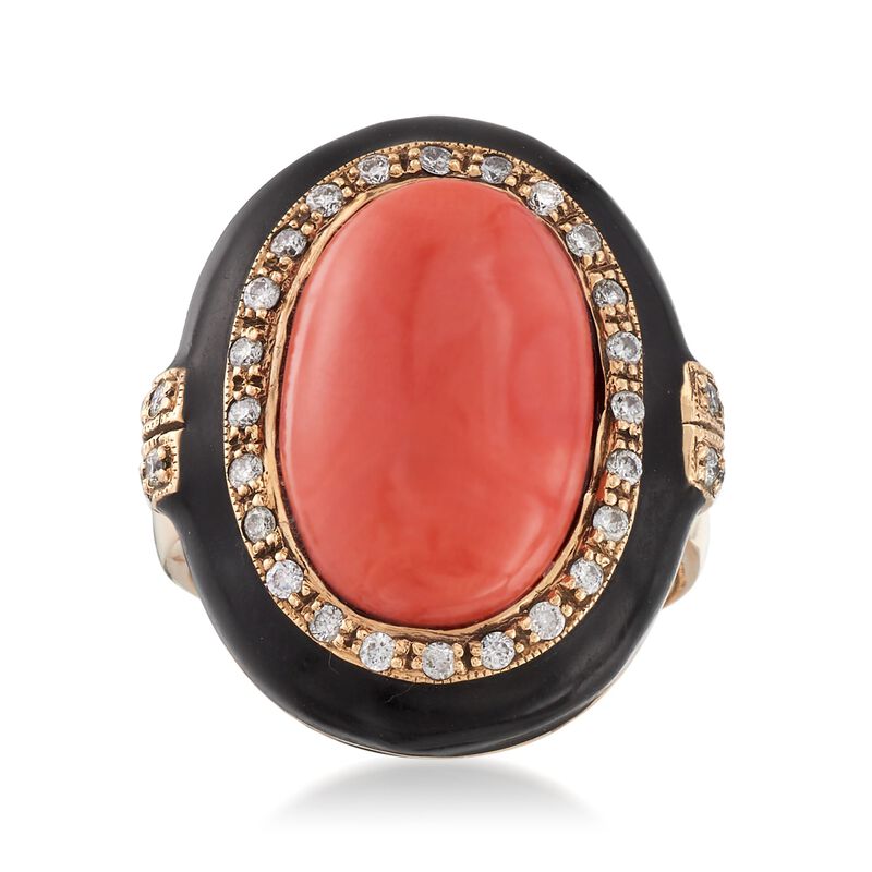 C. 1970 Vintage Pink Coral and .45 ct. t.w. Diamond Ring with Black Enamel in 14kt Gold. Size 6.75 image number 0