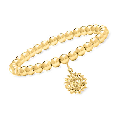 Italian 6mm 18kt Gold Over Sterling Bead Stretch Bracelet with Sunflower Charm