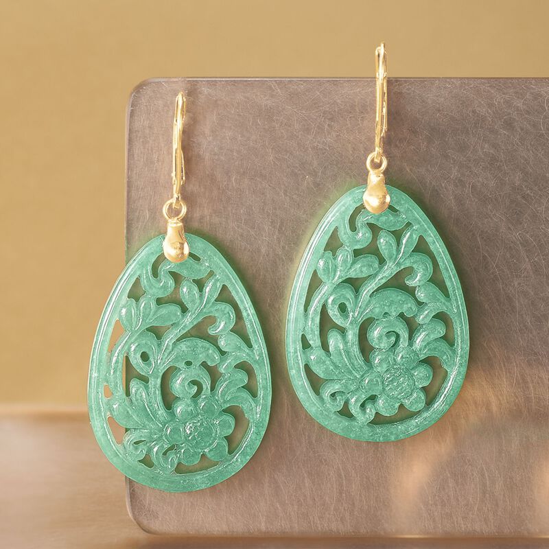 Carved Jade Floral Drop Earrings with 14kt Yellow Gold image number 2