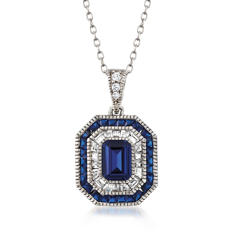 1.25 Carat Simulated Sapphire and .60 ct. t.w. Lab-Grown Blue Spinel Pendant Necklace with .32 ct. t.w. CZs in Sterling Silver image number 0