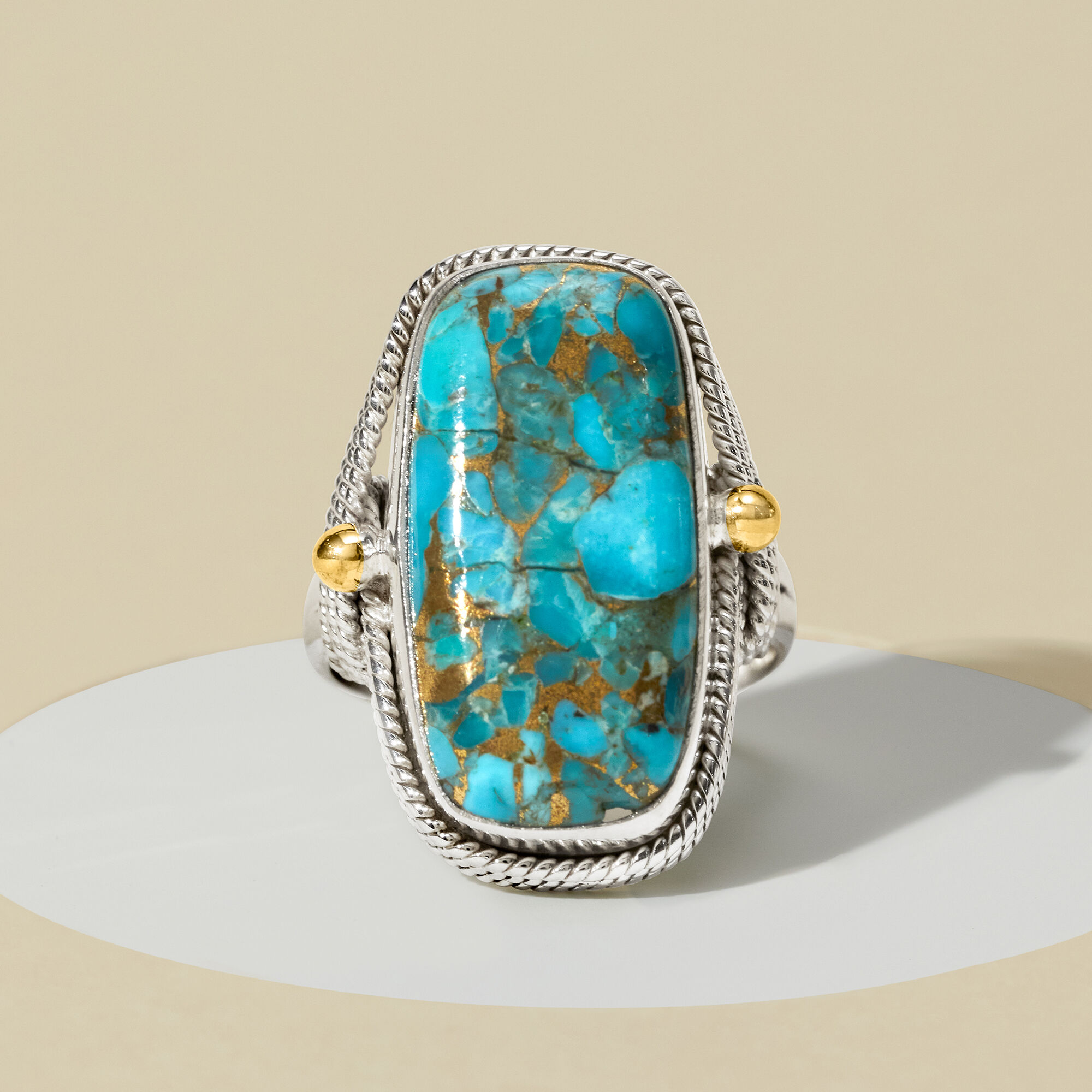 Turquoise Roped-Edge Ring in Sterling Silver with 18kt Gold