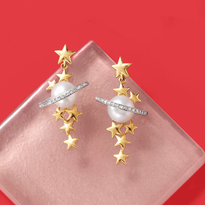 7.5-8mm Cultured Pearl and .15 ct. t.w. Diamond Star and Planet Drop Earrings in 14kt Yellow Gold image number 2