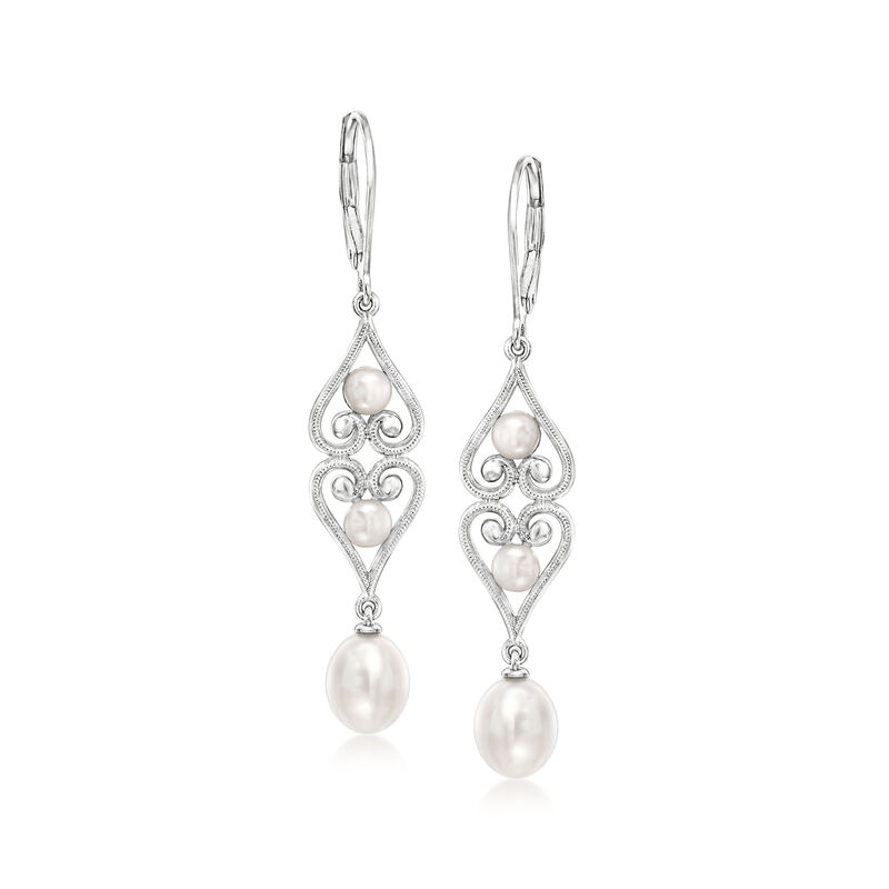 4-7.5mm Cultured Pearl Scrolled Heart Drop Earrings in Sterling Silver  image number 0