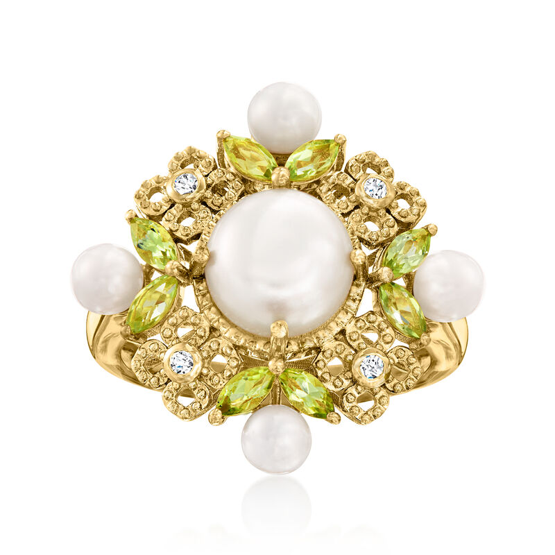 3.5-8.5mm Cultured Pearl and .80 ct. t.w. Peridot Ring with White Zircons in 18kt Gold Over Sterling image number 0