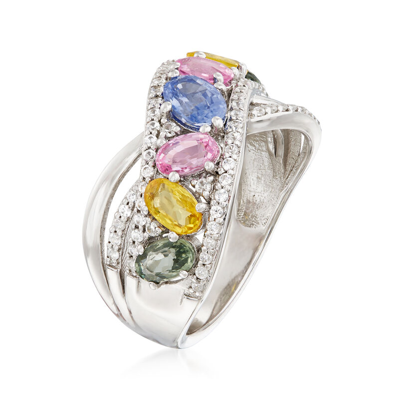 2.40 ct. t.w. Multicolored Sapphire and 2.00 ct. t.w. White Zircon Sash Ring in Sterling Silver image number 2