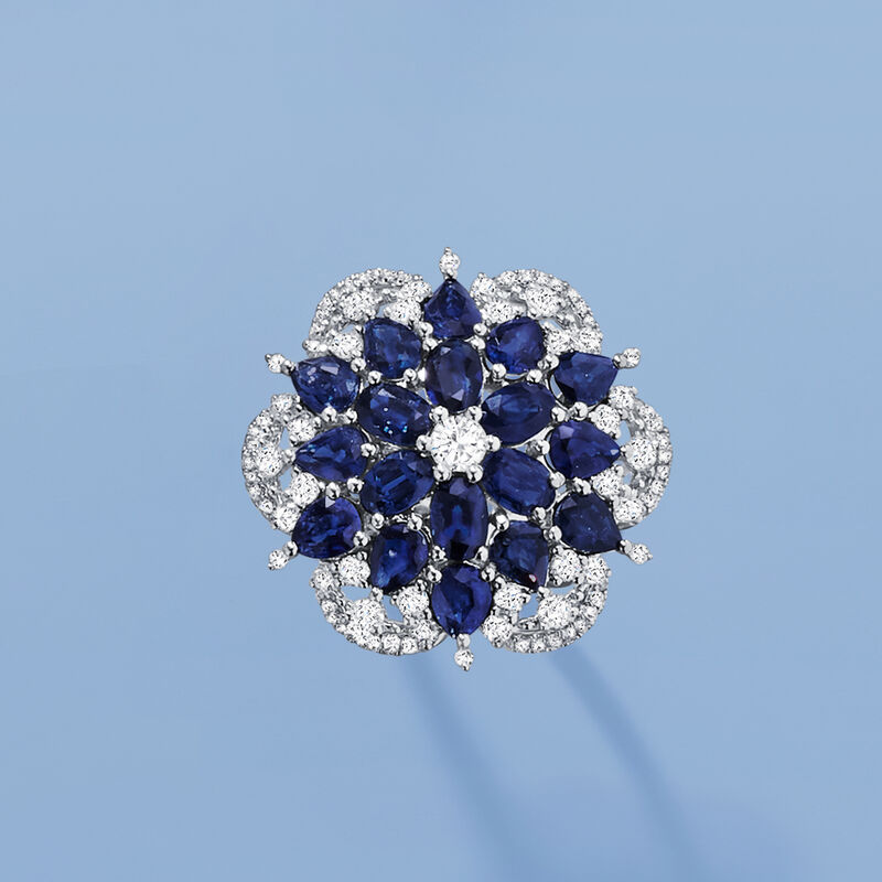C. 1980 Vintage 7.65 ct. t.w. Sapphire and 1.57 ct. t.w. Diamond Flower Ring in 18kt White Gold image number 3
